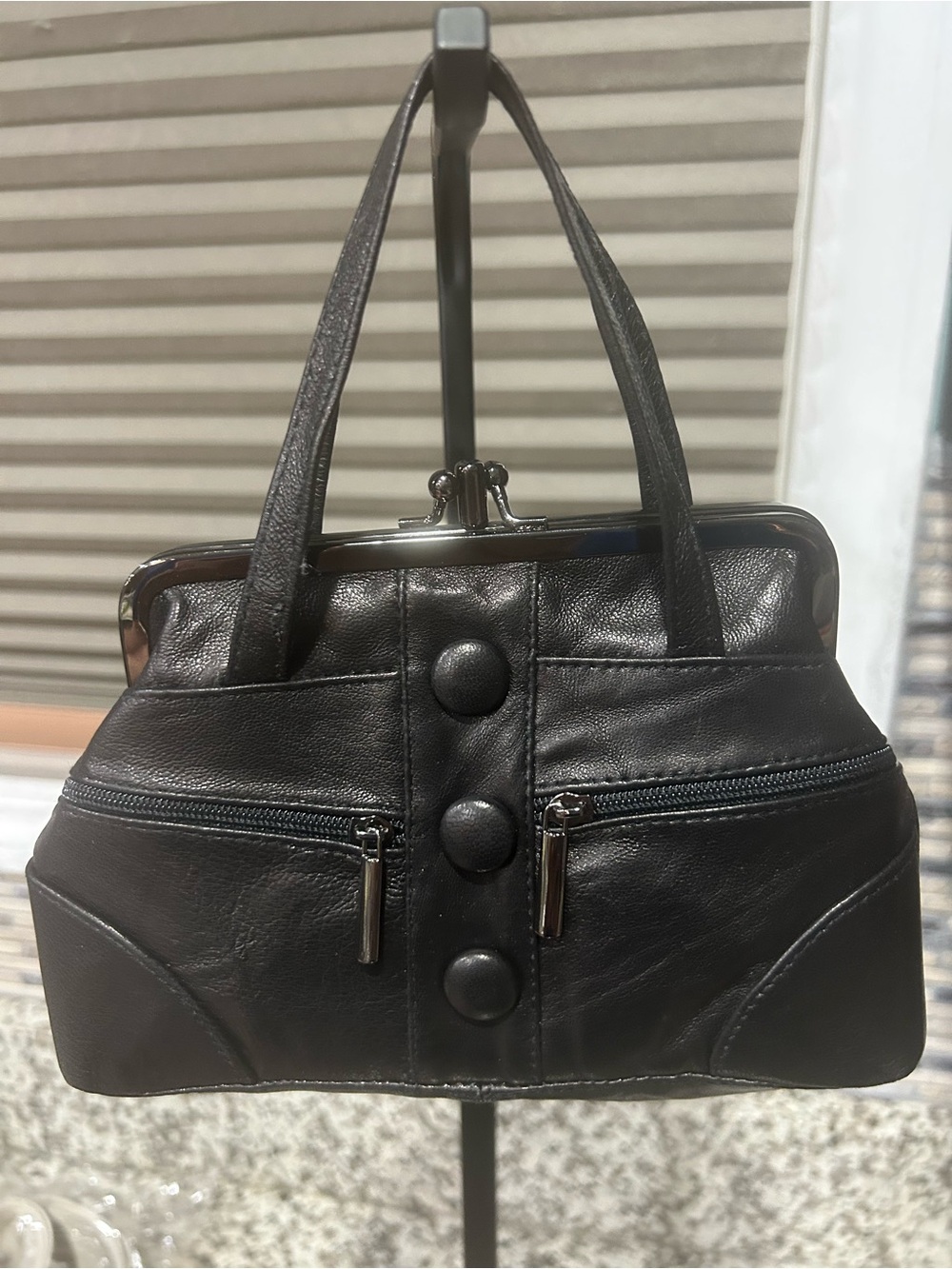 Structured Black Leather Frame-Top Wristlet Clutch